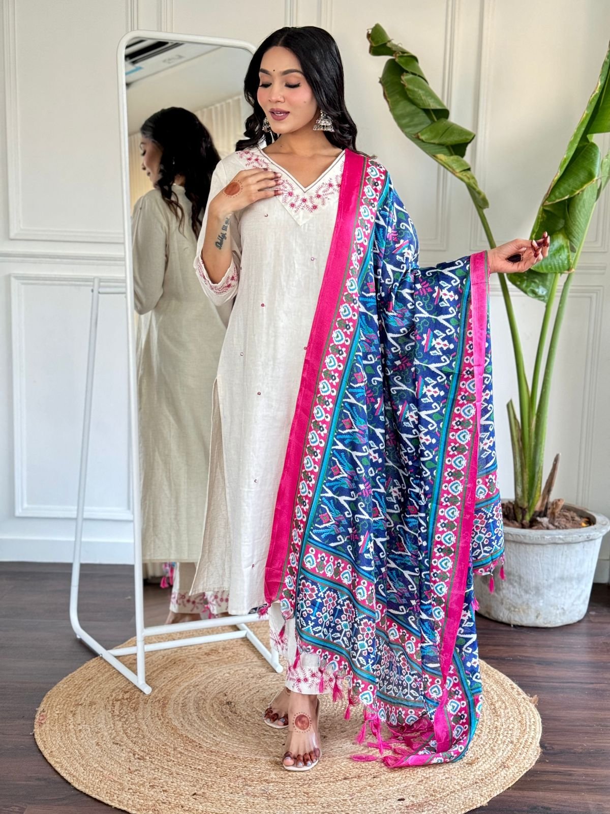 Cotton Flex Embroidered Kurti Set with Silk Dupatta